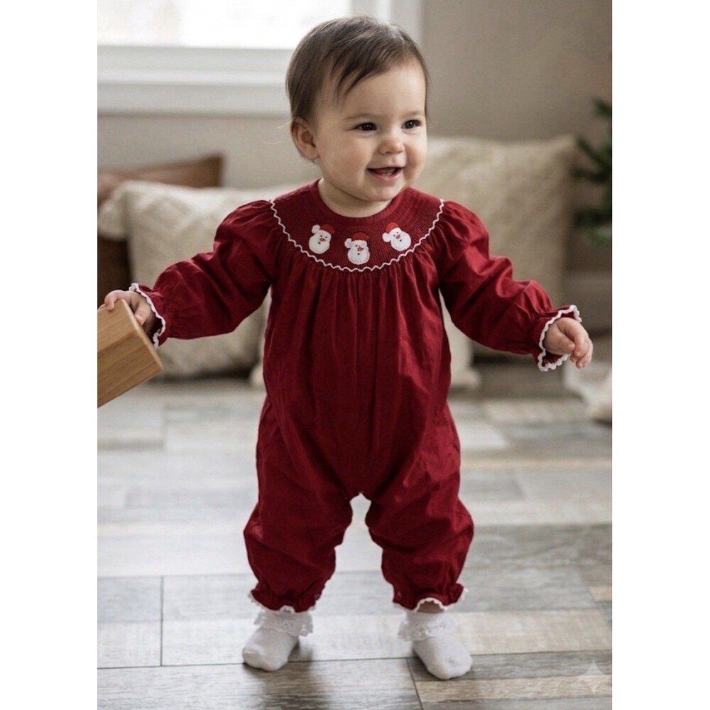 Lil Cactus Christmas Romper Infant 12-18 Months Red Smocked Santa Pants Holiday